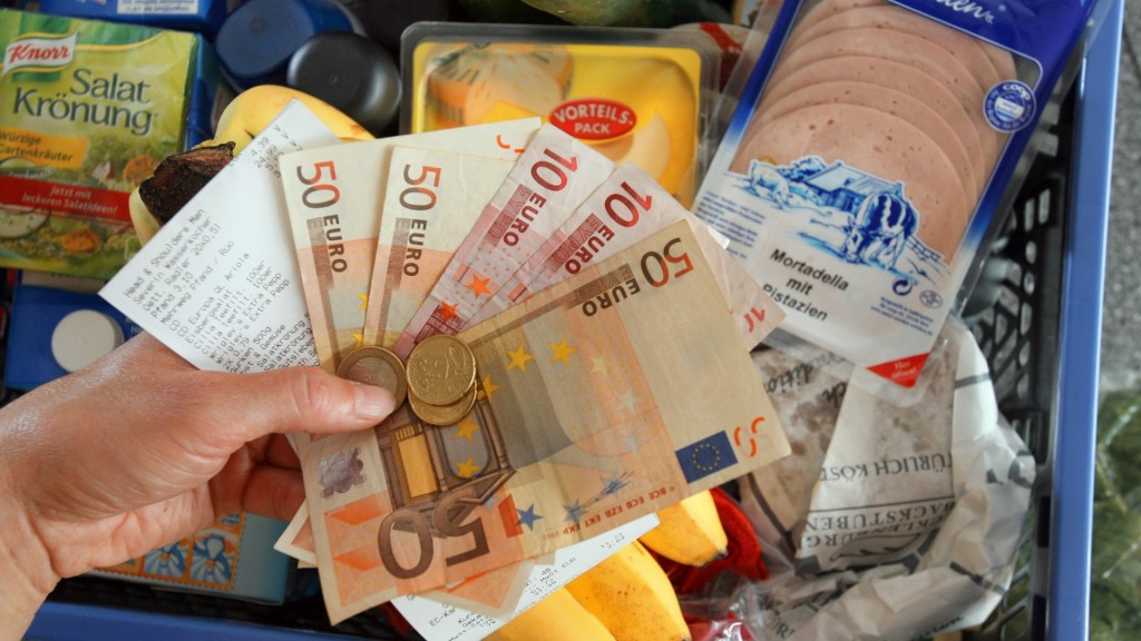 Eine Hand hält Geldscheine und einen Kassenbon über einer Einkaufskiste mit Lebensmitteln. (Foto: picture alliance / dpa | Jens Büttner)