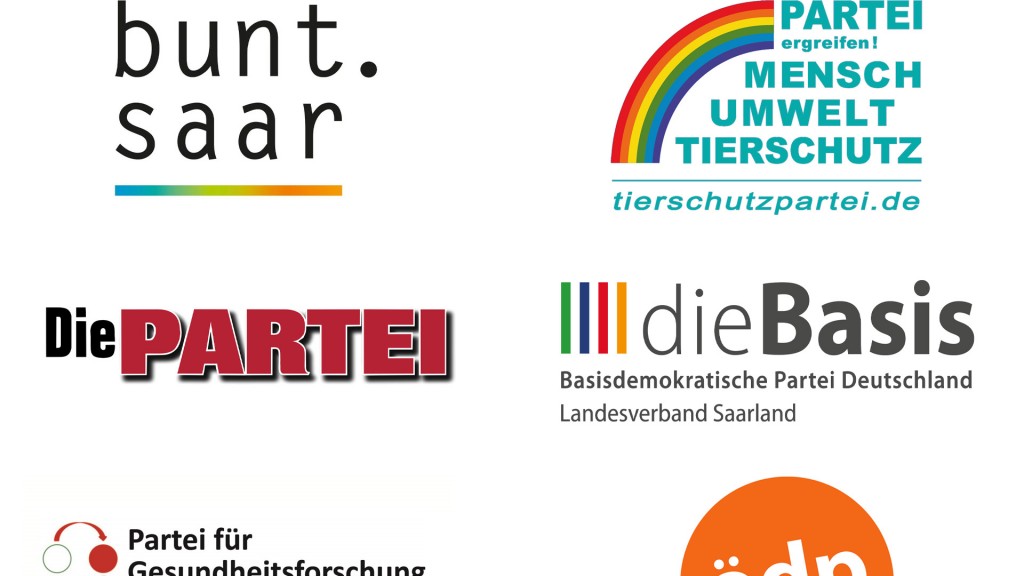 Die Logos der kleinen Parteien. (Bildquelle: Die Partei, ÖDP,  die Tierschutzpartei, die Basis, bunt.saar, die Partei für Gesundheitsforschung)