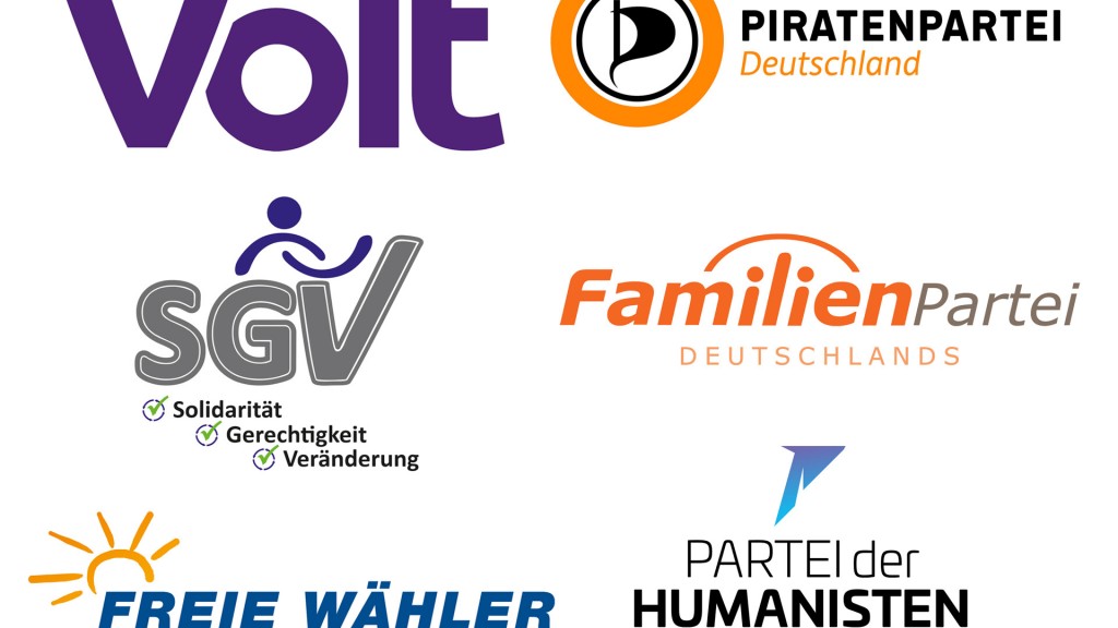Die Logos der kleinen Parteien. (Bildquelle: Volt, Piratenpartei, SGV, Familienpartei, Freie Wähler, Partei der Humanisten)