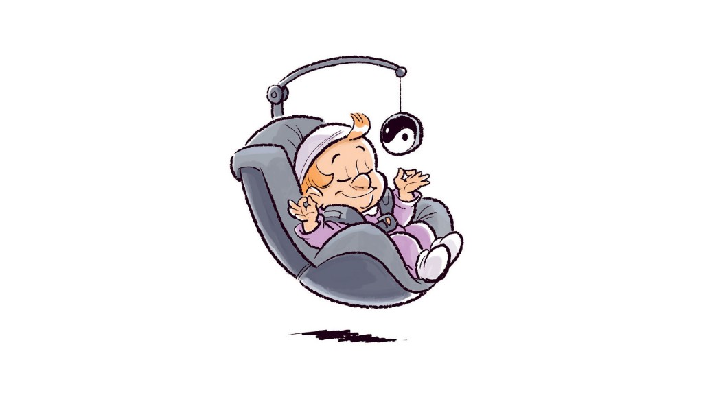 Zeichnung: schmunzelndes Kleinkind in einem Kindersitz 
