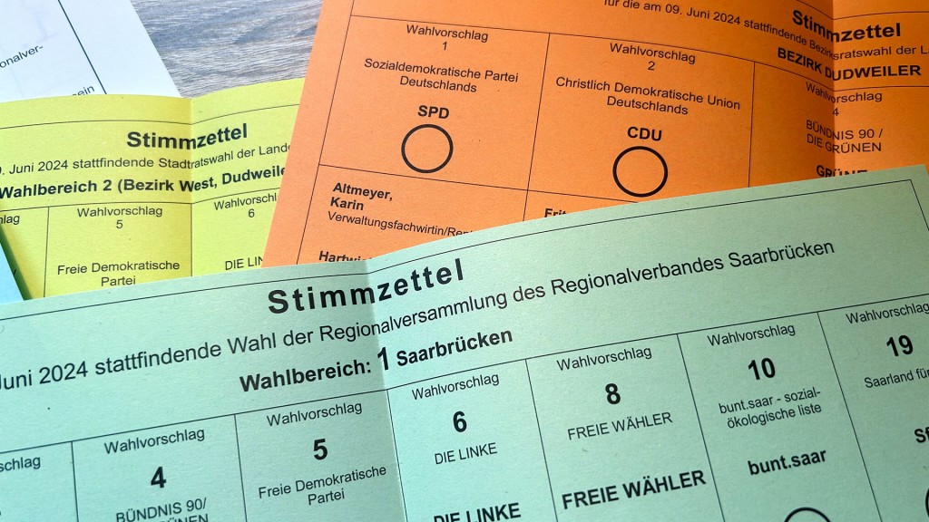 Stimmzettel und Briefwahl-Unterlagen für die Europa- und Kommunalwahlen 2024