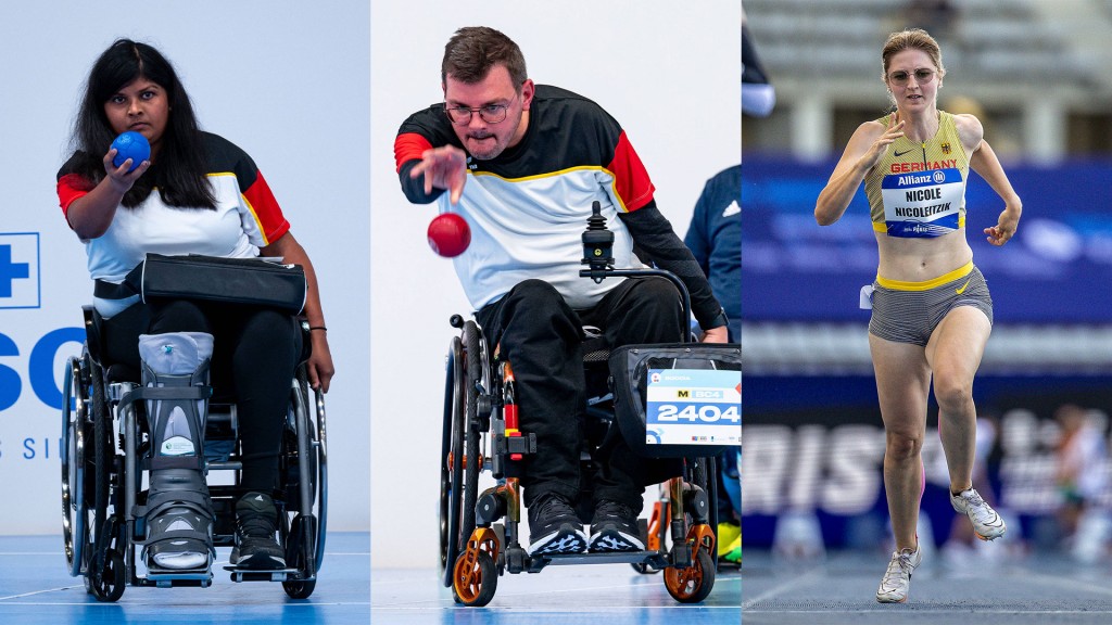 Foto:Collage der saarländischen Paralympics Athleten im Para-Boccia Anita Raguwaran und Boris Nicolai, sowie der Läuferin Nicole Nicoleitzik