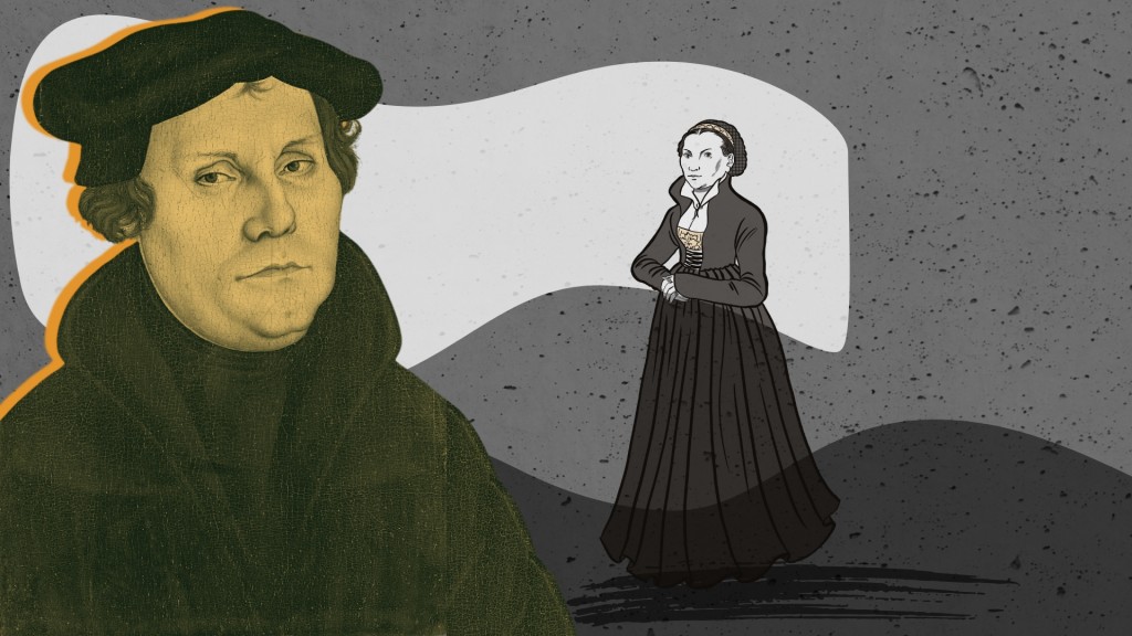 Ein koloriertes Bild von Martin Luther, daneben eine Zeichnung, die seine Frau Katharina von Bora zeigt.