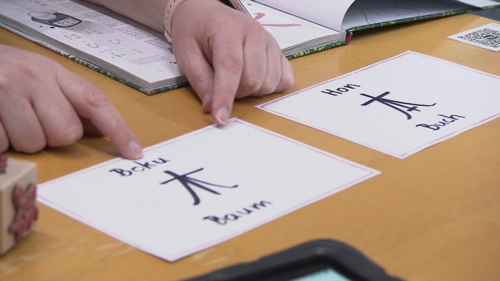 Foto: Person erklärt japanische Schriftzeichen