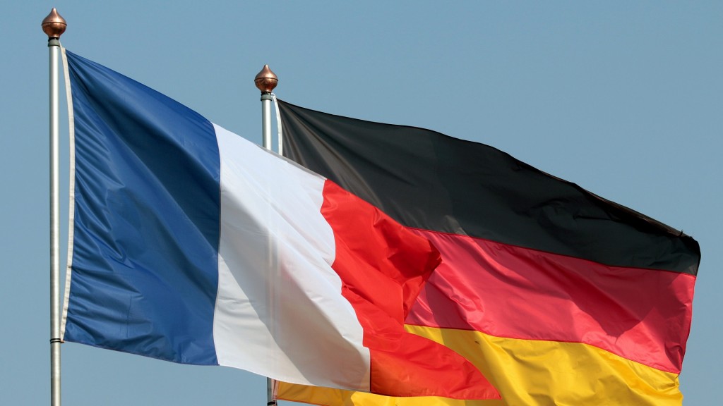 Die Flaggen Deutschlands und Frankreichs wehen vor blauem Himmel.