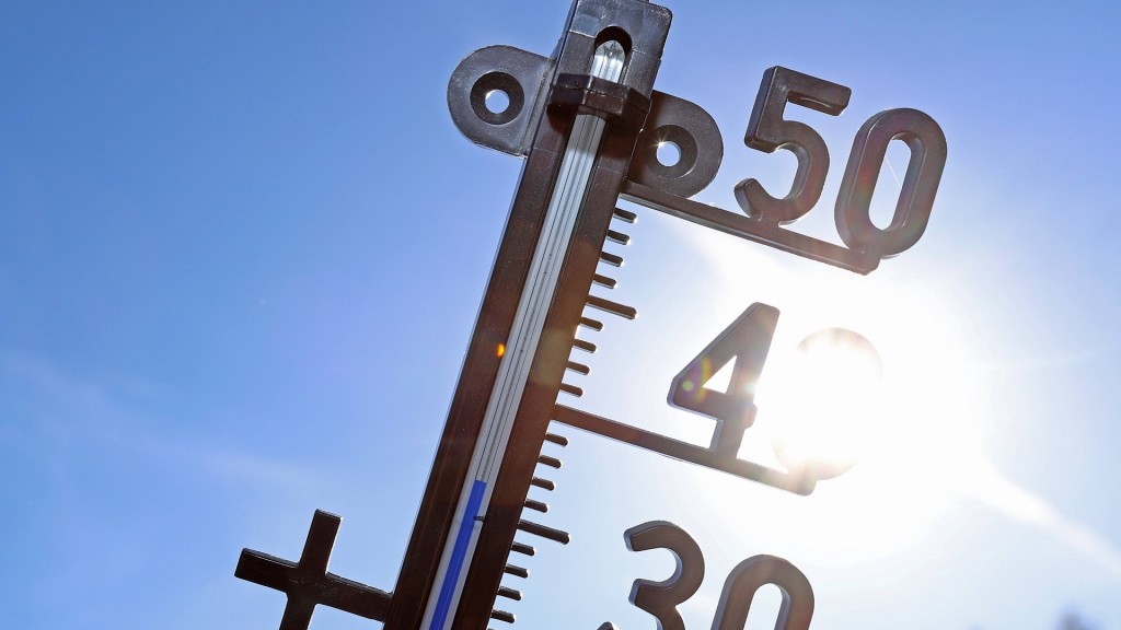 Foto: Ein Thermometer zeigt 36 Grad auf einem Thermometer vor blauem Himmel und der Sonne.