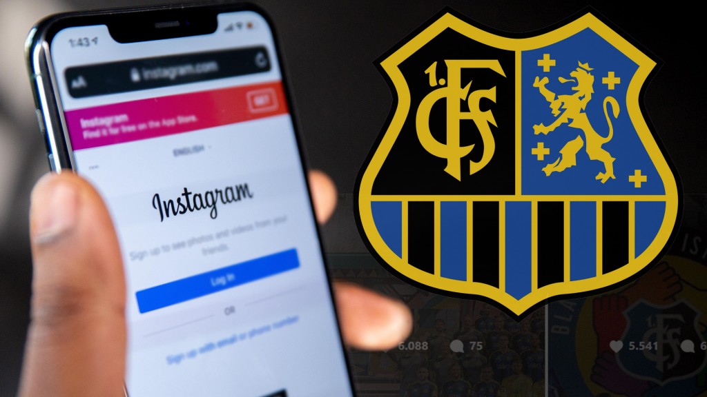 Eine Person hält das Smartphone mit der Anmeldung zu Instgram in der Hand. Daneben das Logo des FCS
