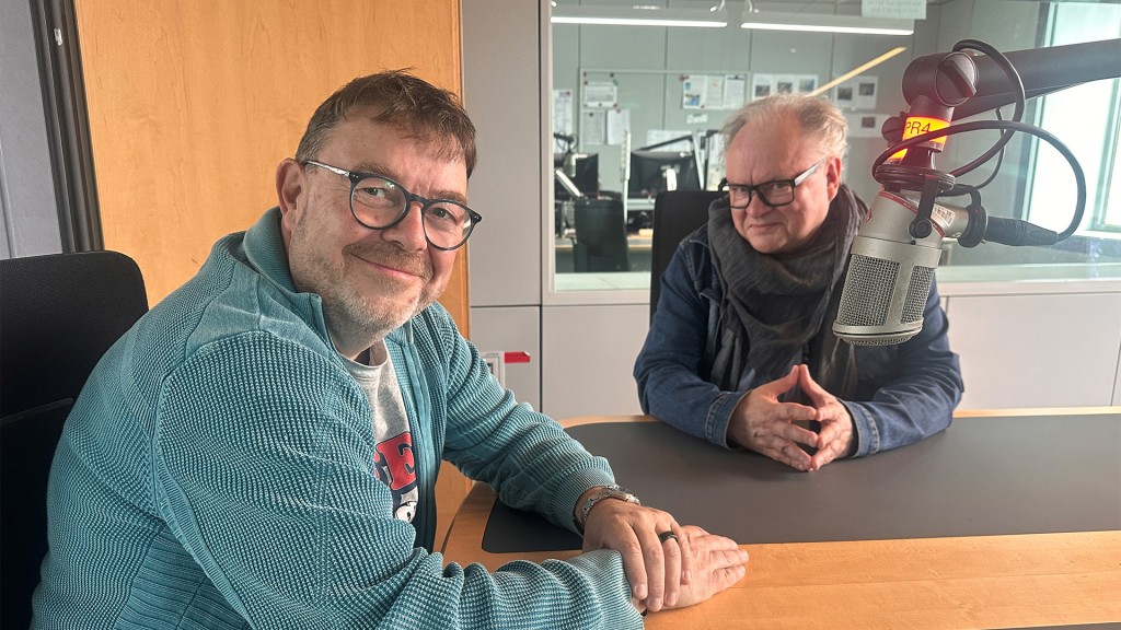 SR 3 Moderator Christian Job und Heinz Rudolf Kunze im Studio