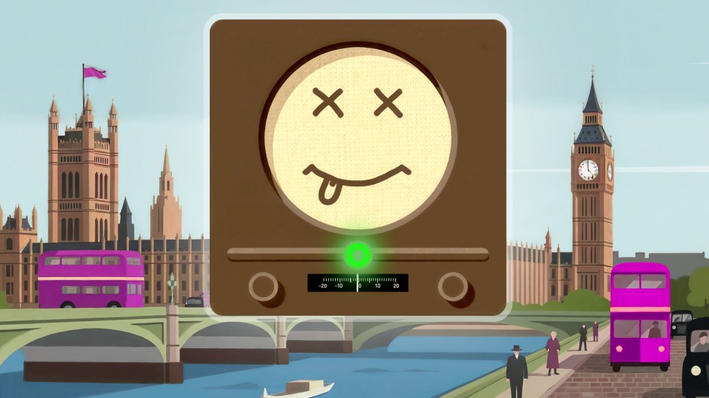 Eine Stadtansicht von London in einfacher Grafik, die typischen Diooeldekcerbusse sind Pink eingefärbt. Vor der Stadt ist ein altes Radio in einfacher Grafik zu sehen, auf dessen runden Lautsprecher ein Emoji-Gesicht mit zwei Augen in X-Form und einem lächelnden Mund mit heraushängender Zunge gezeichnet ist.