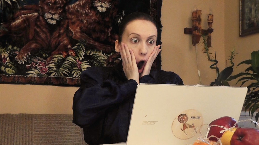 Foto: E-Lena vor dem Laptop.