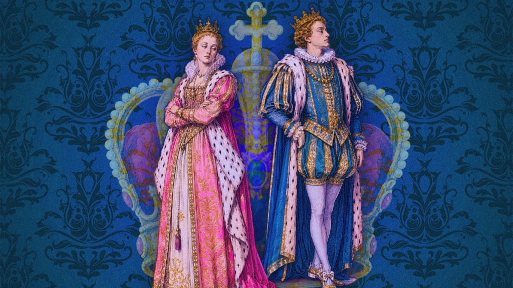 Illustration eines gekrönten Königspaars in prächtigen rosa und blauen Renaissancegewändern vor einem dekorativen blauen Hintergrund mit königlichen Symbolen.