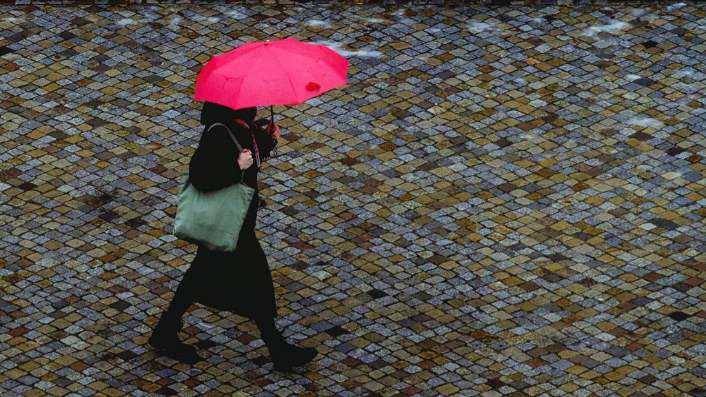 Eine Frau mit Regenschirm bei trübem Tageslicht