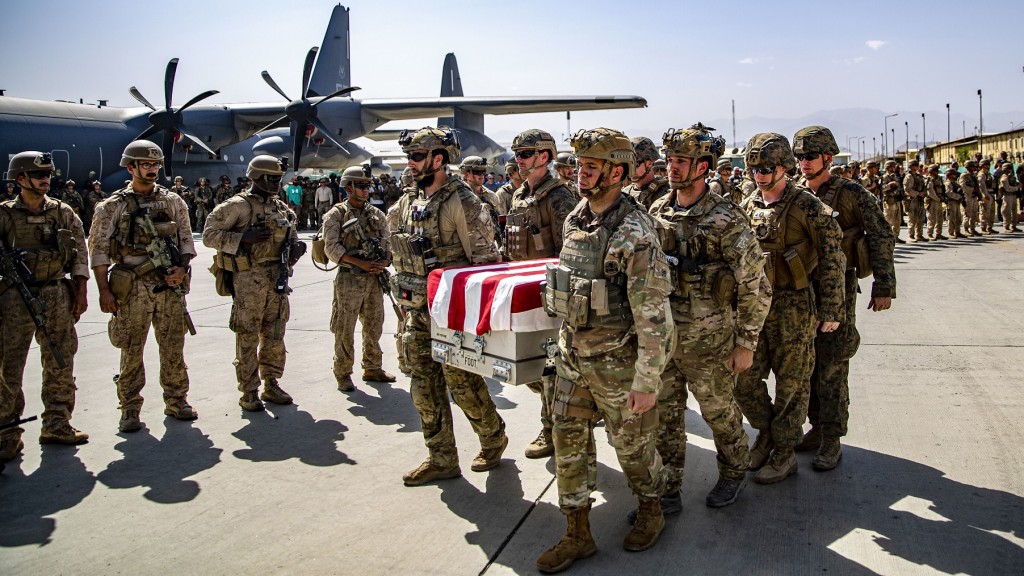 27.08.2021: US-Soldaten im Dienst der Joint Task Force-Crisis Response transportieren einen Sarg für die während der Operationen am Hamid Karzai International Airport in Kabul getäteten Kameraden (Foto: picture alliance/dpa/U.S. Marine Corps via AP | 1