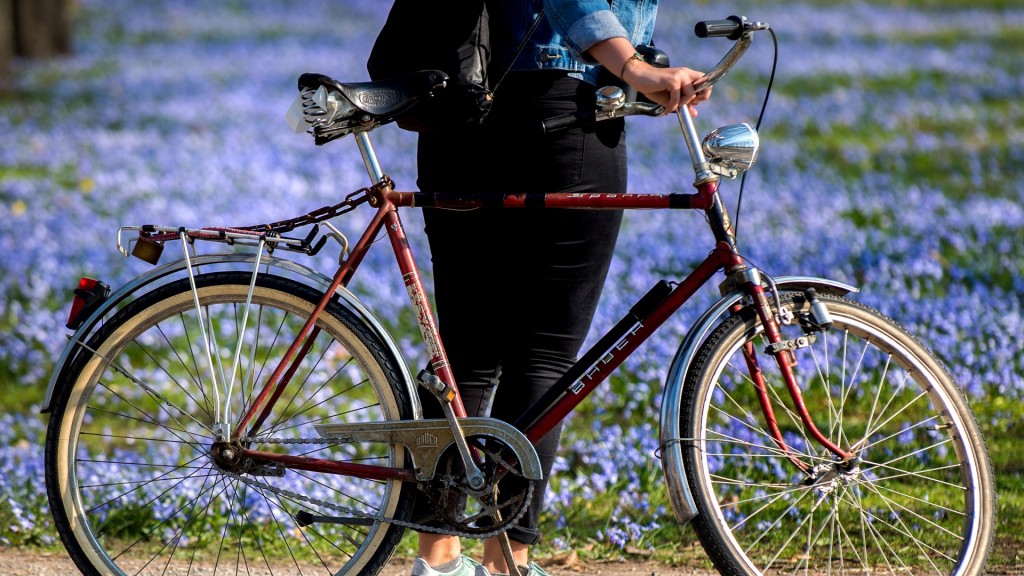 Frau steht neben ihrem Fahrrad vor blühenden Blausternen