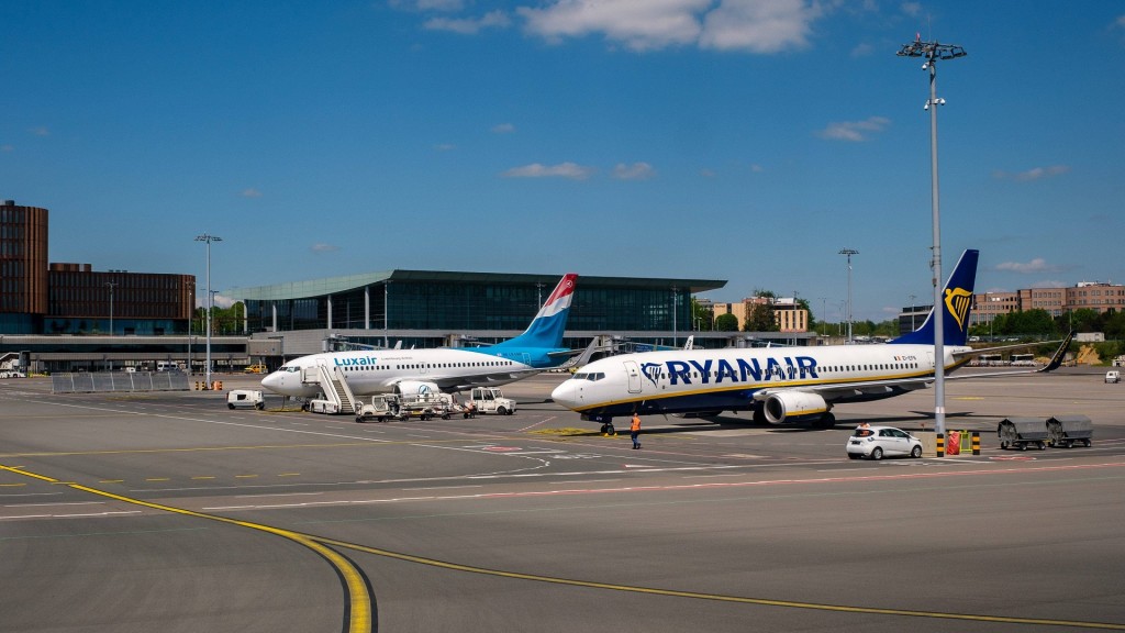 Flughafen Findel, Luxemburg. Ryanair-Maschine und Luxair Boeing 737 vor den Terminal