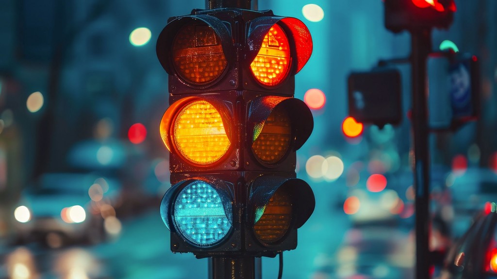 Symbolbild: Verkehrsampeln zeign gelb-grünees und rotes Licht