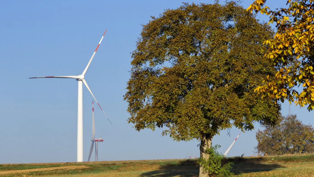 Windräder stehen hinter einer Baumgruppe