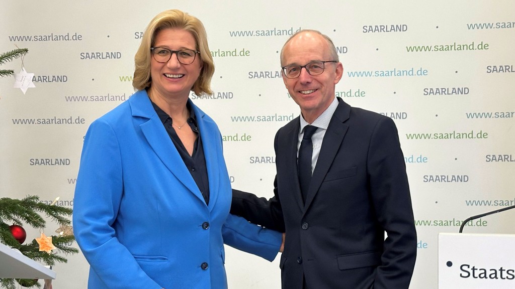 Die saarländische Ministerpräsidentin Anke Rehlinger (SPD) empfängt den luxemburgischen christsozialen Premierminister Luc Frieden