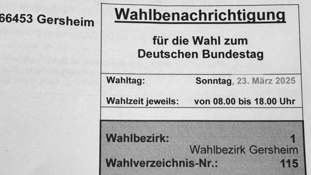 Wahlbenachrichtigung der Gemeinde Gersheim mit falschem Datum der Bundestagswahl