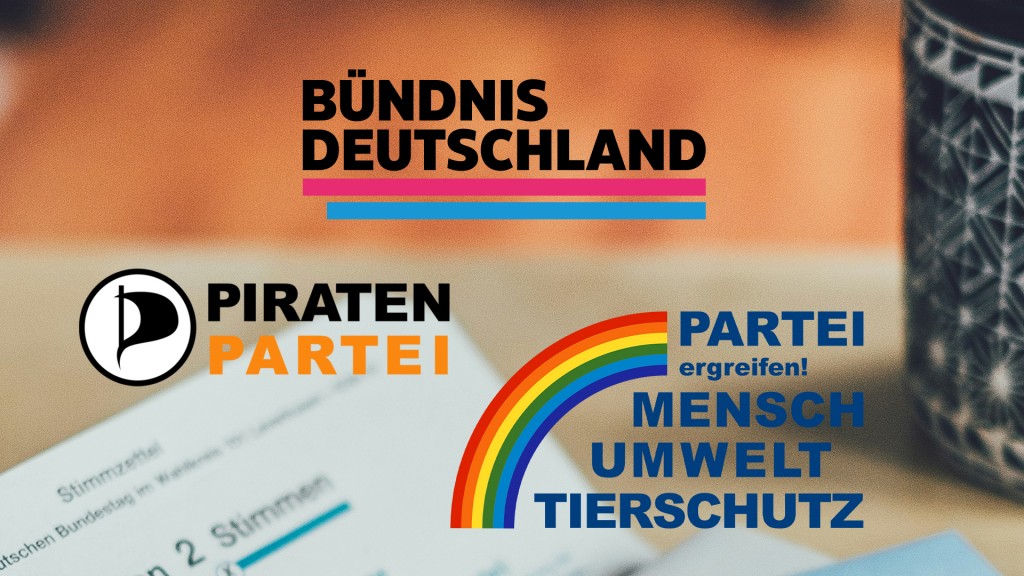 Parteilogos von „Bündnis Deutschland“, „Mensch Umwelt Tierschutz“ und der „Piraten-Partei“