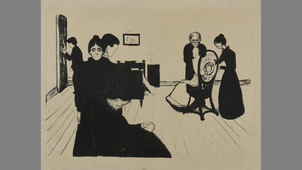 Ausstellung Into the Dark – Grafik von Ensor bis Munch. Edvard Munch, Der Tod im Krankenzimmer, 1896, 