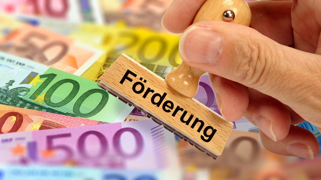 Symbolbild: Ein Holzstempel ist beschriftet mit dem Aufdruck „Förderung“ vor einigen Euro-Scheinen