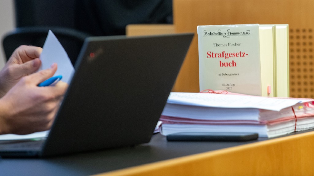 Symbolbild. Im Landgericht stehen Gesetzeskommentare hinter Prozessakten.