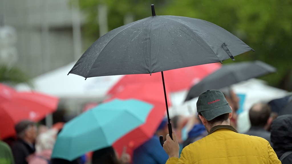 Passanten mit Regenschirmen in einer Fußgängerzone
