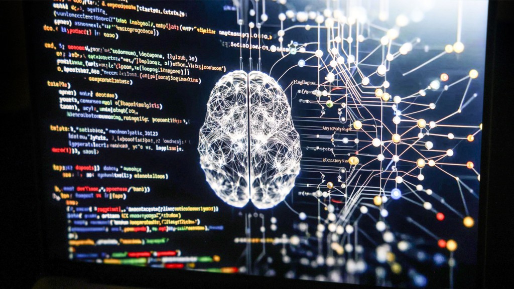 Foto: Symbolbild: Ein Computerbildschirm zeigt Code-Text und die Visualisierung eines Gehirns mit neuronalen Verknüpfungen