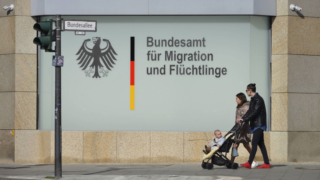 Paar mit Kinderwagen vor dem Bundesamt für Migration und Flüchtlinge