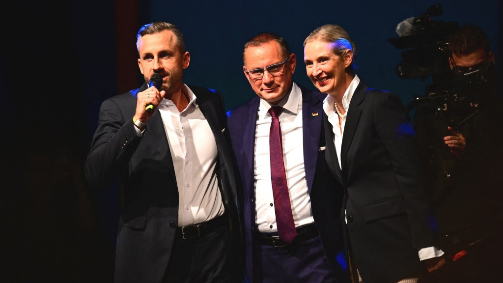 Ulrich Siegmund (l, AfD), Spitzenkandidat und Co-Vorsitzender der AfD-Landtagsfraktion Sachsen-Anhalt, spricht neben Tino Chrupalla (M, AfD), Bundesvorsitzender und Co-Vorsitzender der AfD-Bundestagsfraktion, und Alice Weidel (AfD), Bundesvorsitzende und Co-Vorsitzende der AfD-Bundestagsfraktion, bei der Wahlparty der AfD.