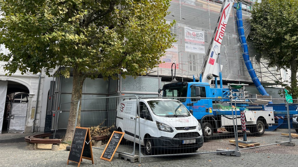 Das Kulturcafé am St. Johanner Markt in Saarbrücken wird durch ein Baugerüst verdeckt