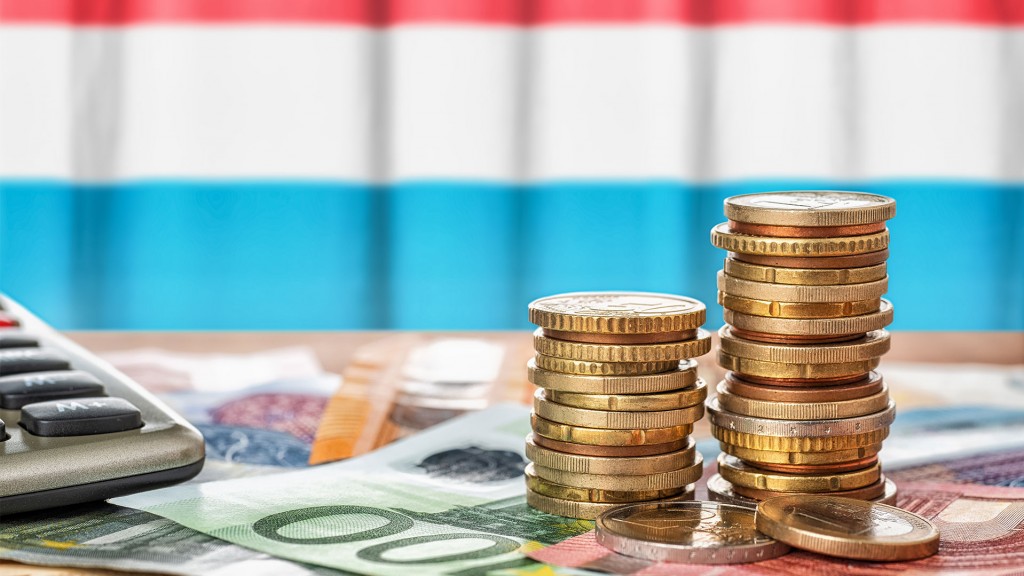 Foto: Euro-Banknoten und -Münzen vor der Nationalflagge Luxemburgs